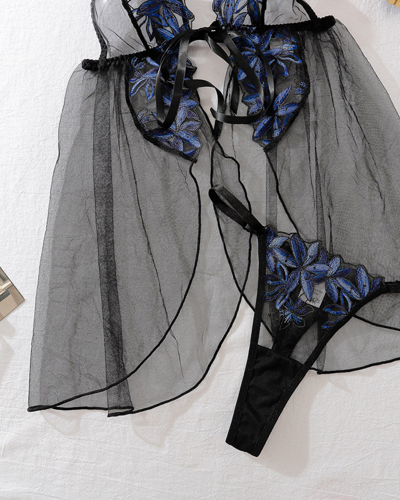 Sexy Mesh Flower Embroidery See-Through Suspender Pajamas