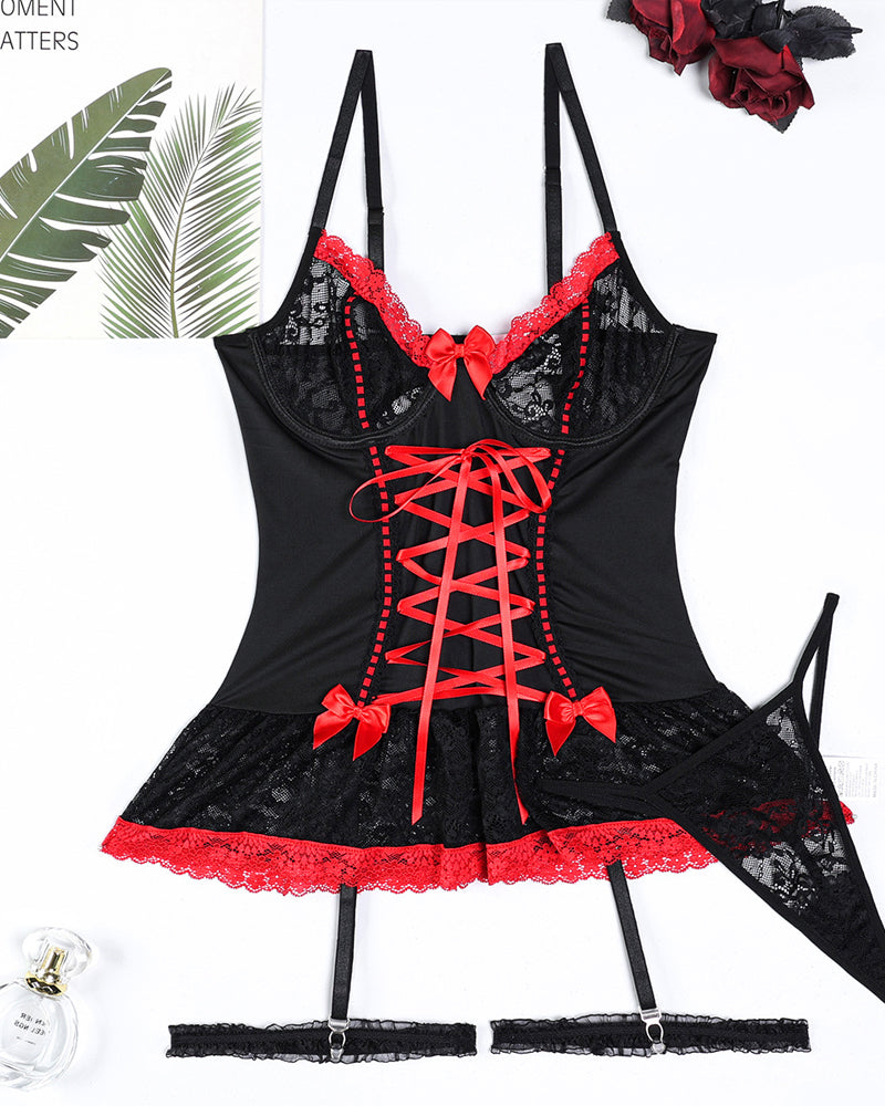 Sexy Lace Cross-strap Bowknot Colorblock Lingerie Set