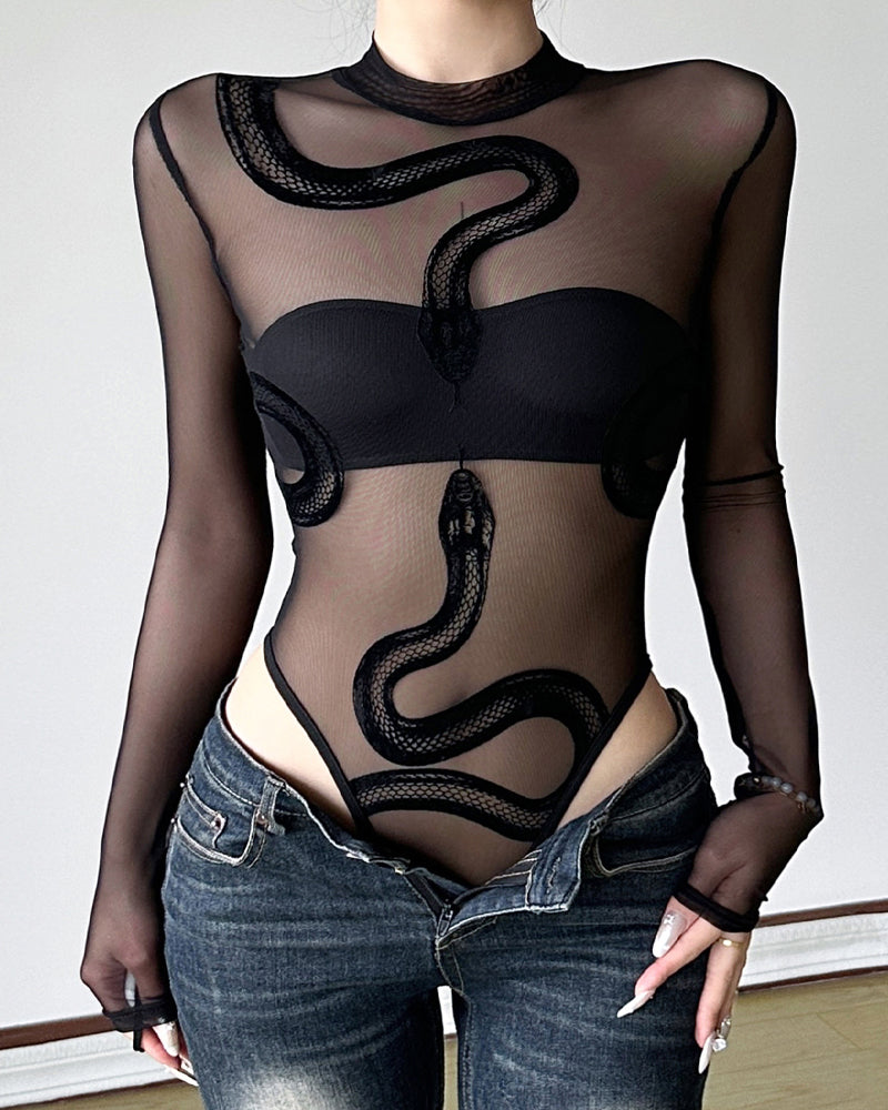 Flocked Snake Print Sexy See-through Mesh Stretch Long Sleeve Bodysuits