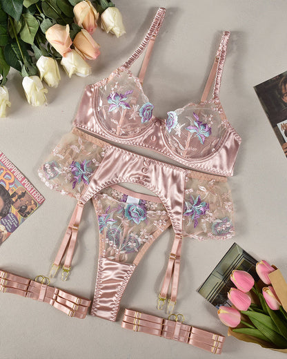 Sexy Lace Embroidery Mesh Patchwork Sexy Lingerie Set