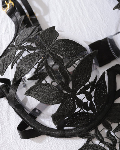 Sexy Floral Embroidery Hollow Heavy Craft Chain Bracelet Shaping Bodysuit Set