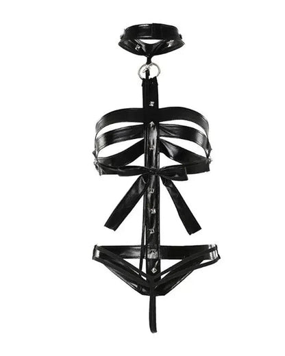 Halter Backless Cutout PU Leather Harness Teddy