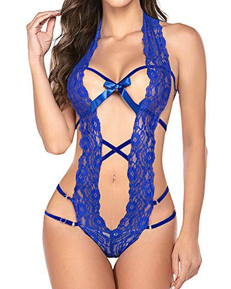 Deep V Halter Lingerie Teddy One Piece Bodysuit Lace Babydoll