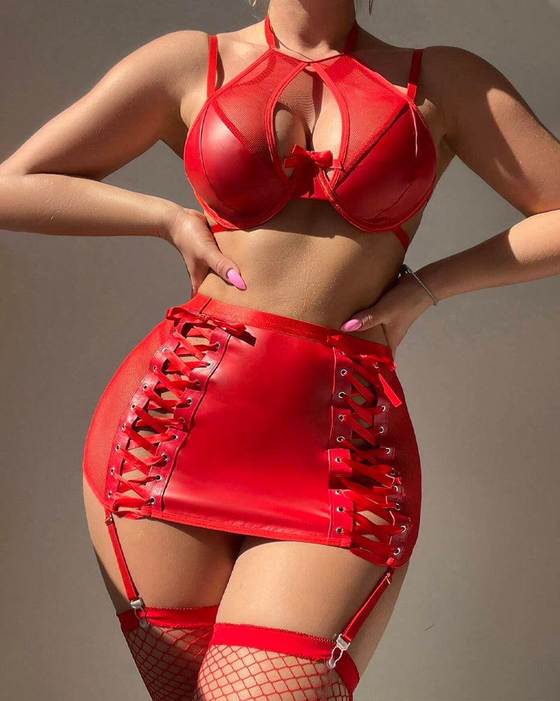 See Through Mesh Leather Stitching Lace Up Lingerie Set