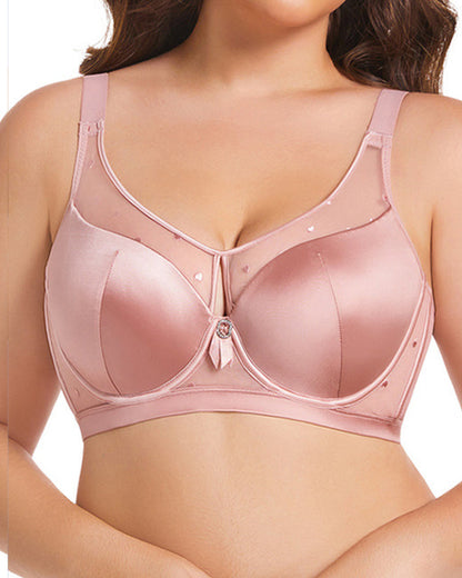 Satin Mesh See-through Patchwork Underwire Plus Size Push-up Bra