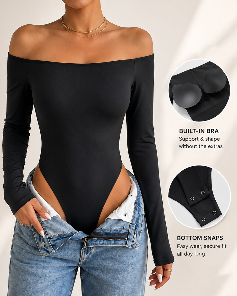 Sexy Long Sleeve Slim Fit Off Shoulder Bodysuit with Built-In Bra