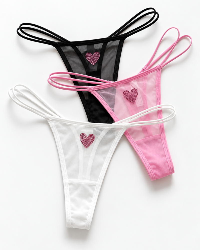 3-Pack Rhinestone Heart Sheer Mesh Thong Panties