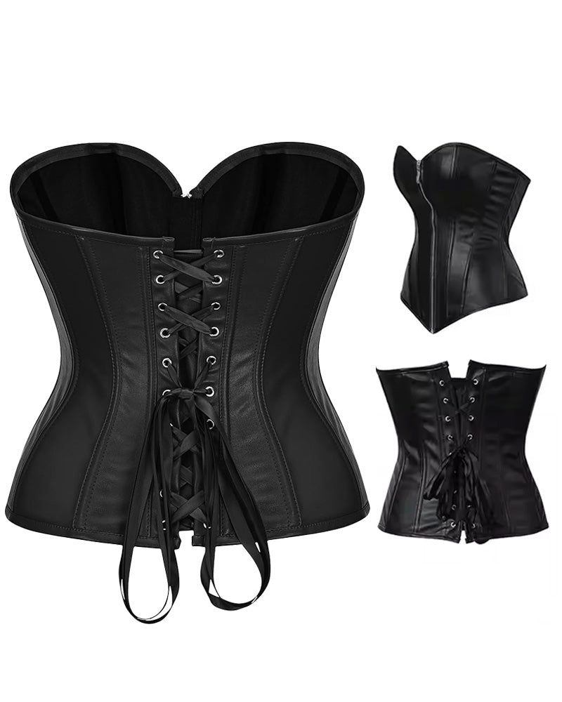 Sexy Zippered Black Leather Steel Boned Back Drawstring Corset