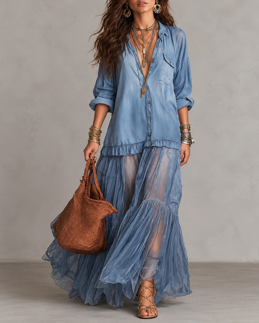 Retro Casual Lapel Faux Denim Chiffon Patchwork Long Dress