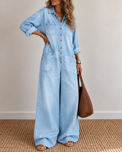 Sexy Button-Front Denim Shirt Loose Wide-Leg Jumpsuit