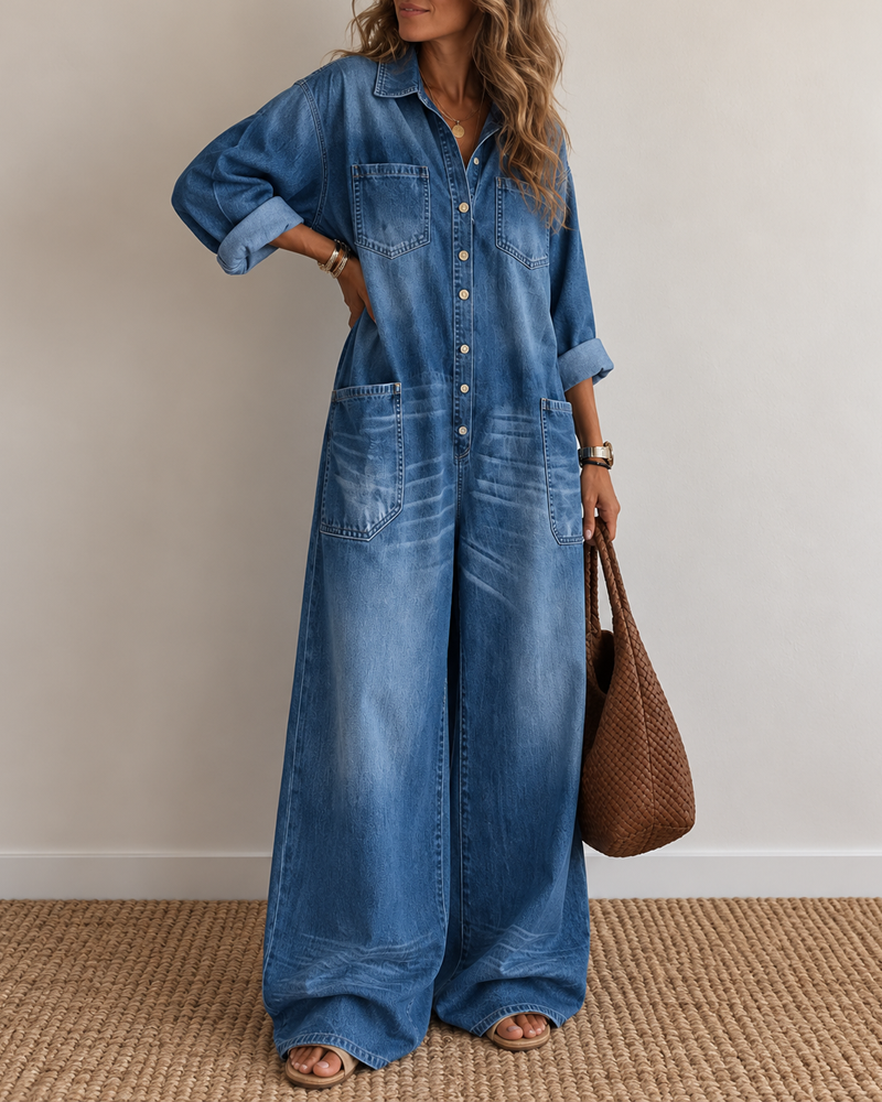 Sexy Button-Front Denim Shirt Loose Wide-Leg Jumpsuit