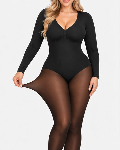 Sheer-Panel Fleece-Lined Tummy Control & Butt Lift Bodysuit