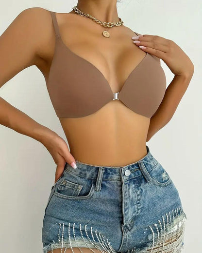 Comfortable Adjustable Straps Deep V Front Button Wireless Bra-Olive