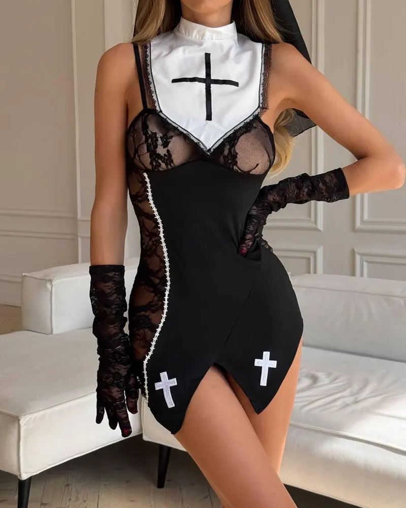 Gothic Nun Costume Lace Mini Dress Lingerie Set with Veil & Stockings