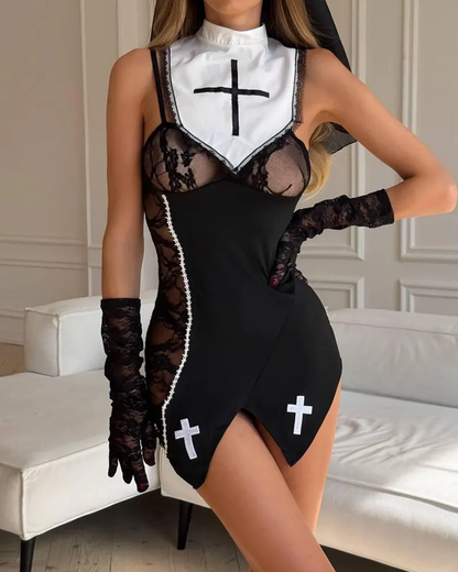 Gothic Nun Costume Lace Mini Dress Lingerie Set with Veil & Stockings