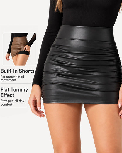 High Waist Tummy Control Ruched 2-in-1 Fleece PU Mini Bodycon Skirt