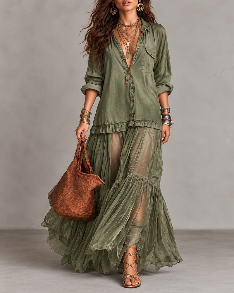 Retro Casual Lapel Faux Denim Chiffon Patchwork Long Dress