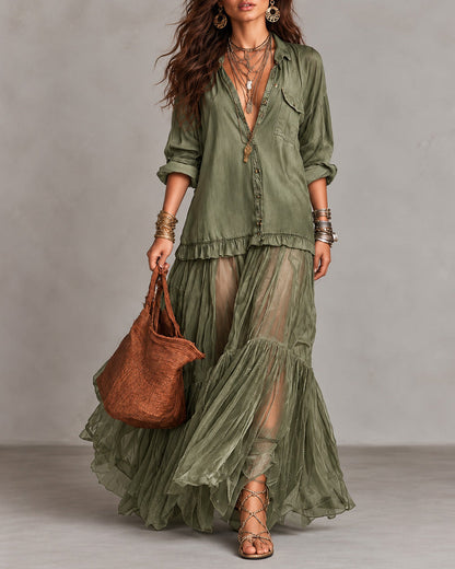 Retro Casual Lapel Faux Denim Chiffon Patchwork Long Dress