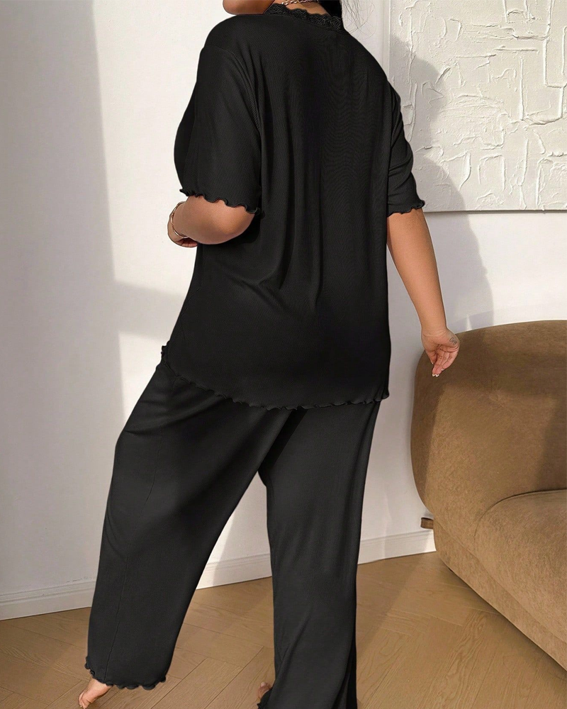Plus Size Ribbed Lace Trim Pajama Set