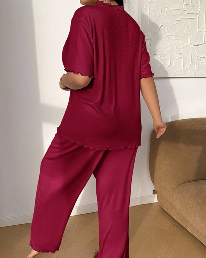 Plus Size Ribbed Lace Trim Pajama Set