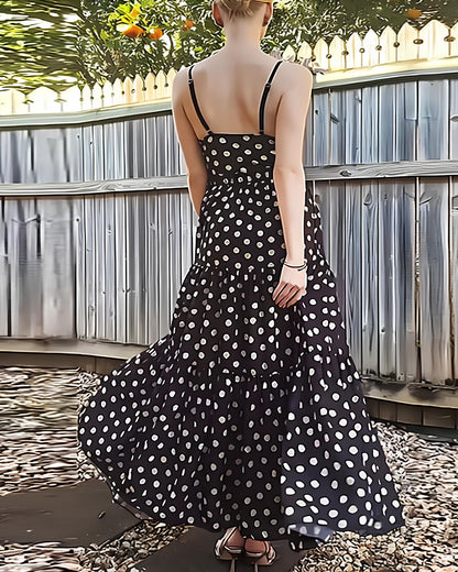 Beach Vacation Polka Dot Colorblock One-piece Swimsuit and Long Skirt
