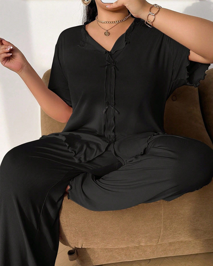 Plus Size Ribbed Lace Trim Pajama Set