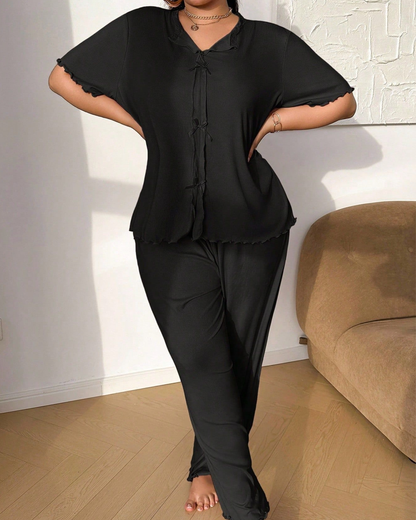 Plus Size Ribbed Lace Trim Pajama Set