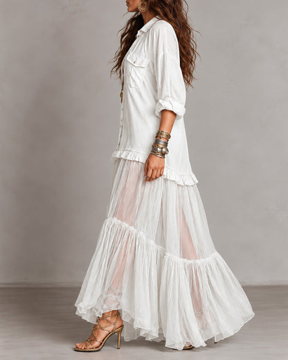 Retro Casual Lapel Faux Denim Chiffon Patchwork Long Dress