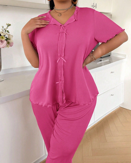 Plus Size Ribbed Lace Trim Pajama Set