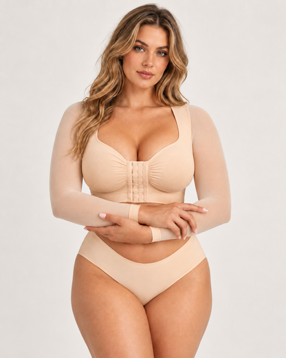 Front‑Closure U‑Shape Compression Built‑In Bra Long Sleeve Mesh Top