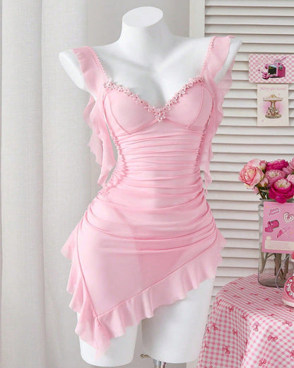 Sexy Deep V See-Through Mesh Ruffled Nightgown