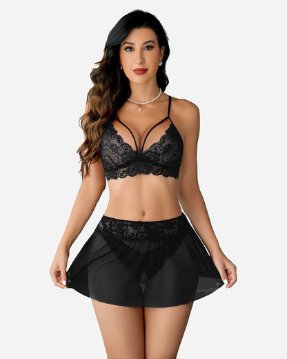 3 Piece Sets Lace Bralette, Skirt with Panty