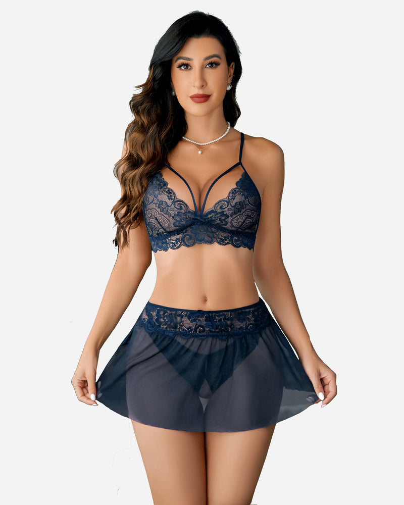 3 Piece Sets Lace Bralette, Skirt with Panty