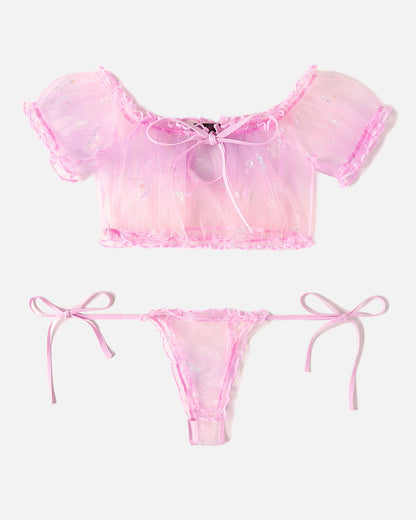 Floral Mesh Ruffle Lingerie Set