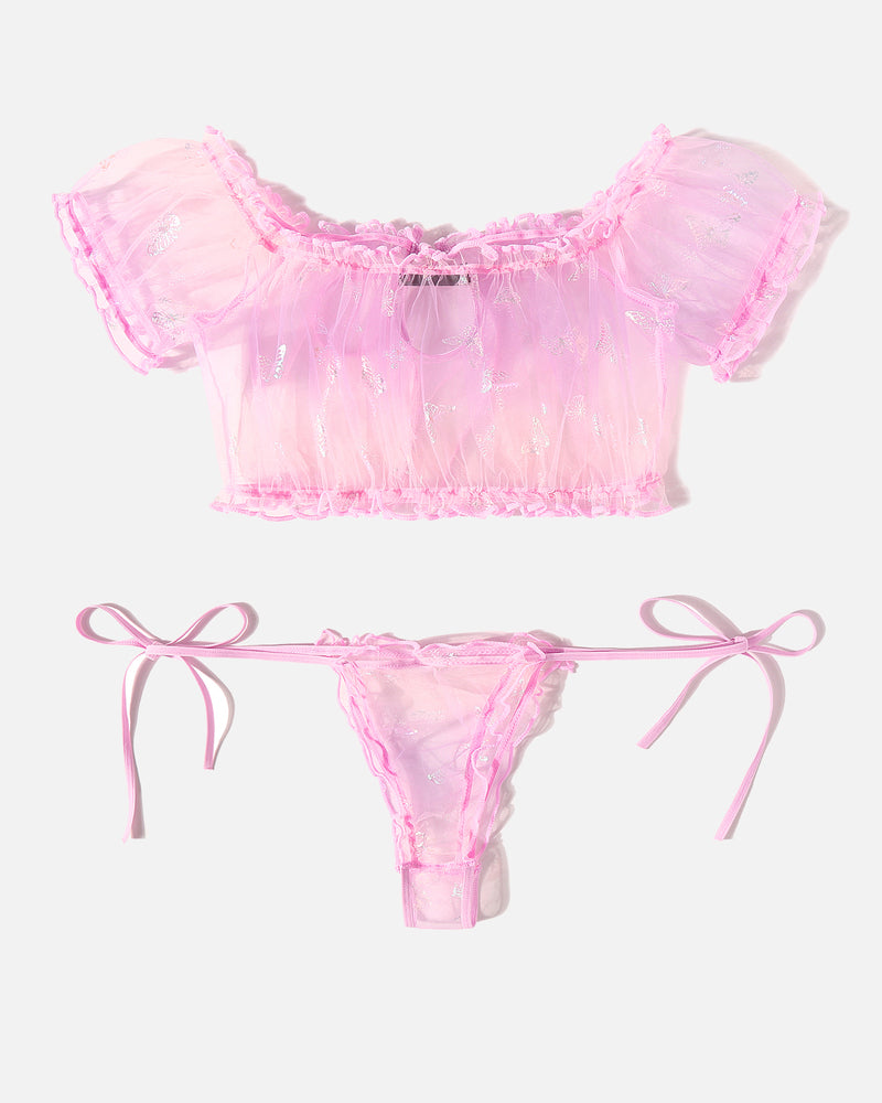 Floral Mesh Ruffle Lingerie Set