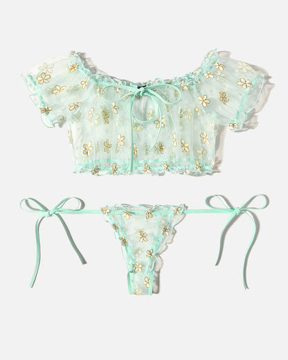 Floral Mesh Ruffle Lingerie Set