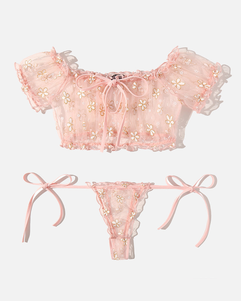Floral Mesh Ruffle Lingerie Set