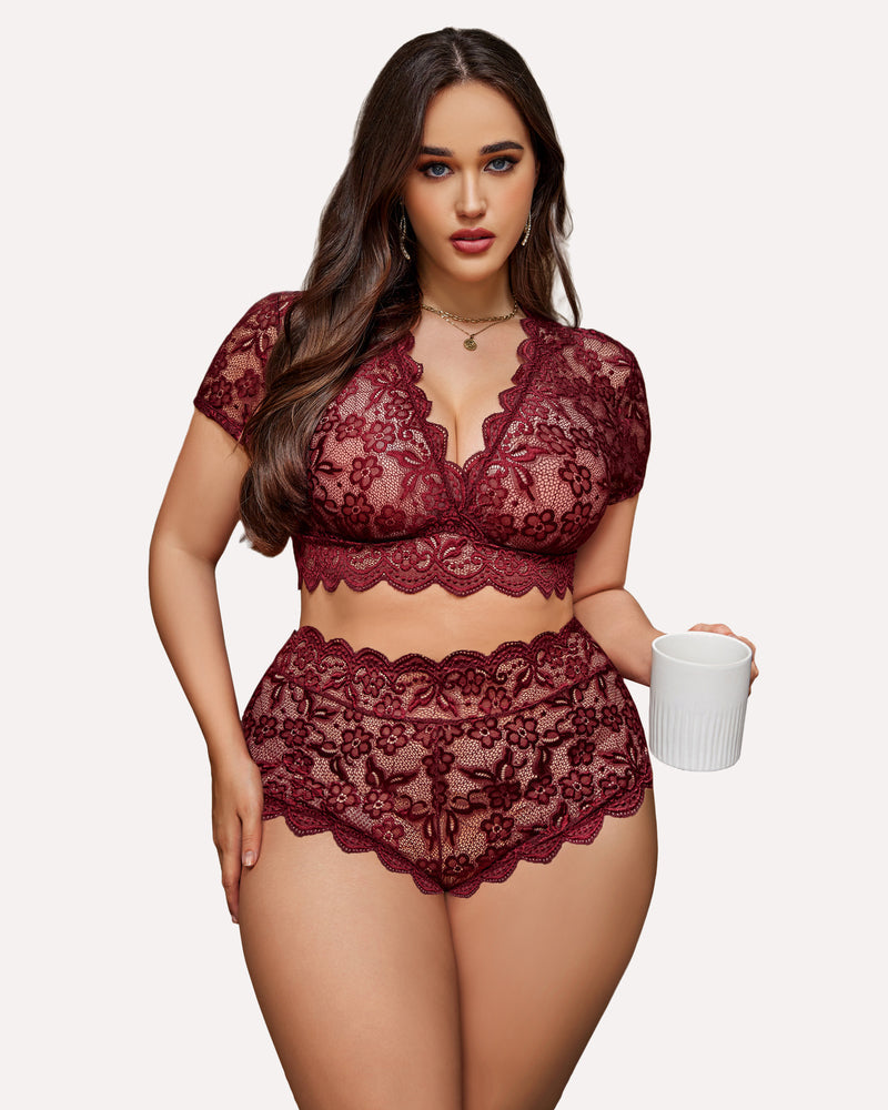 Plus Size Floral Lace Trim Set