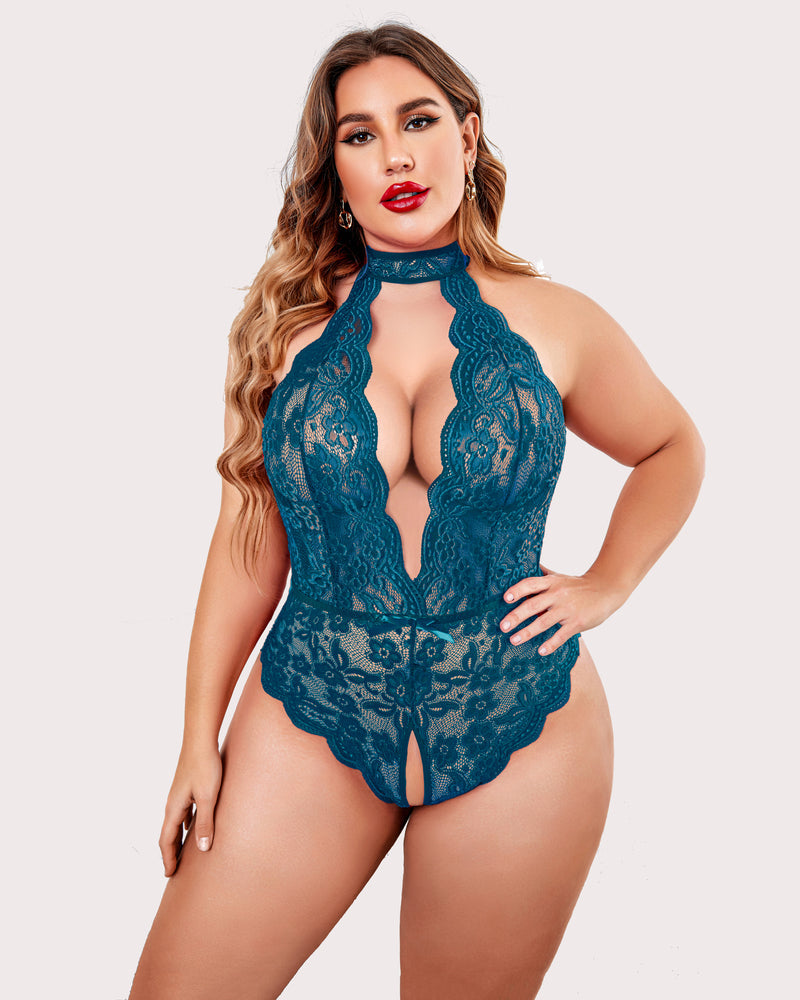 Plus Size Lace Halter Teddy