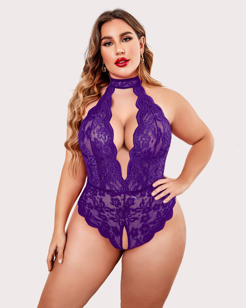 Plus Size Lace Halter Teddy