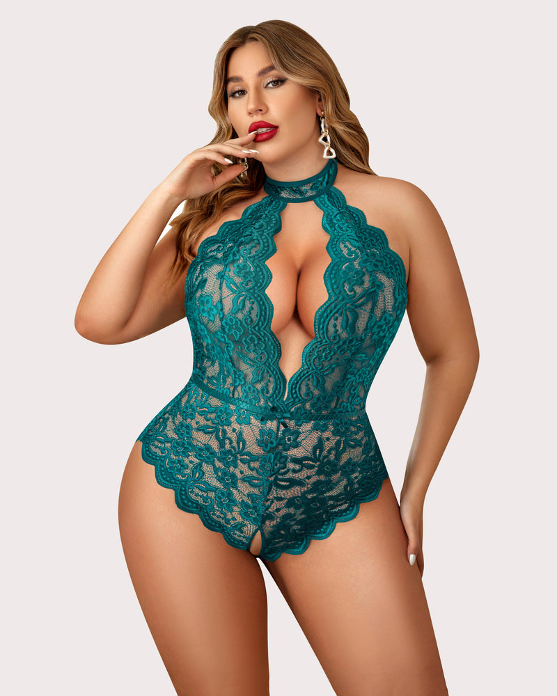 Plus Size Lace Halter Teddy