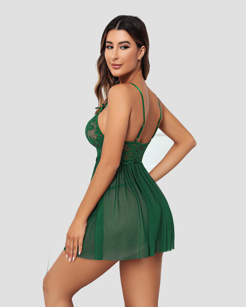 V Neck Strap Mesh Side Slit Nighty