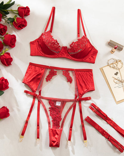 Sexy See-through Mesh Floral Embroidery Patchwork Push-up Bra and Thong Lingerie Set