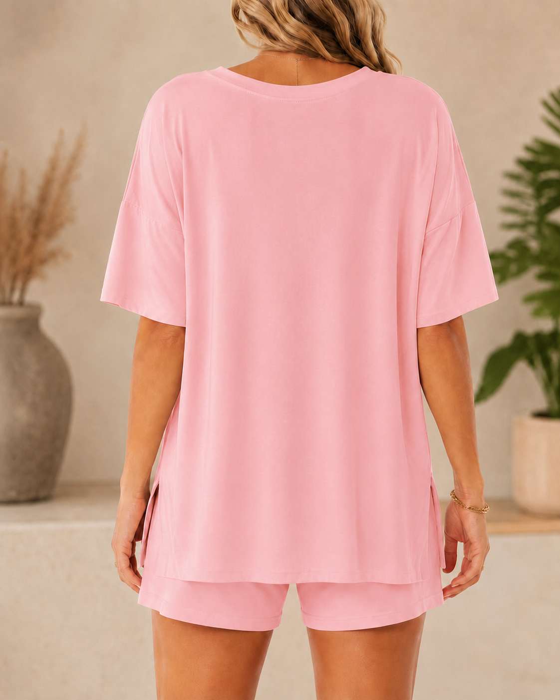 Casual Loose V Neck Slit Hem Short Sleeve Top and Shorts Set