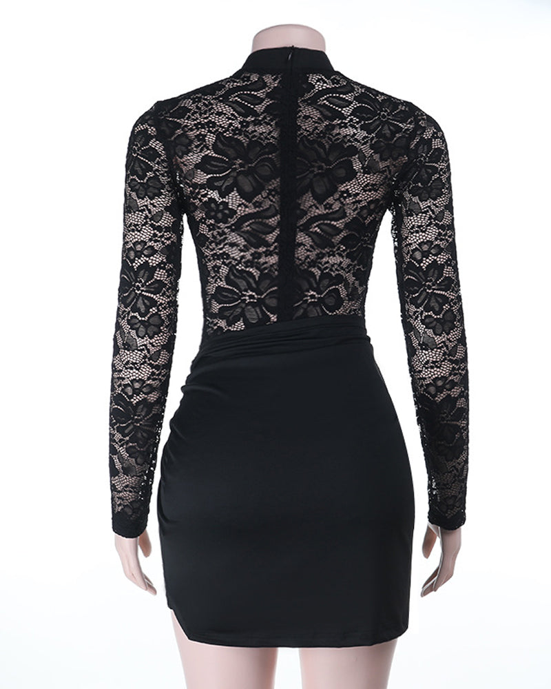 Sexy Lace See-through Round Neck Long-sleeved Bodycon Mini Dress