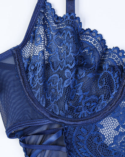 Criss Side Tie Sheer Floral Lace Bodysuits