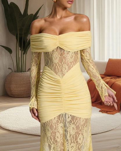 Sexy Lace Off-shoulder Fitted Long-sleeved Fishtail Maxi Dress