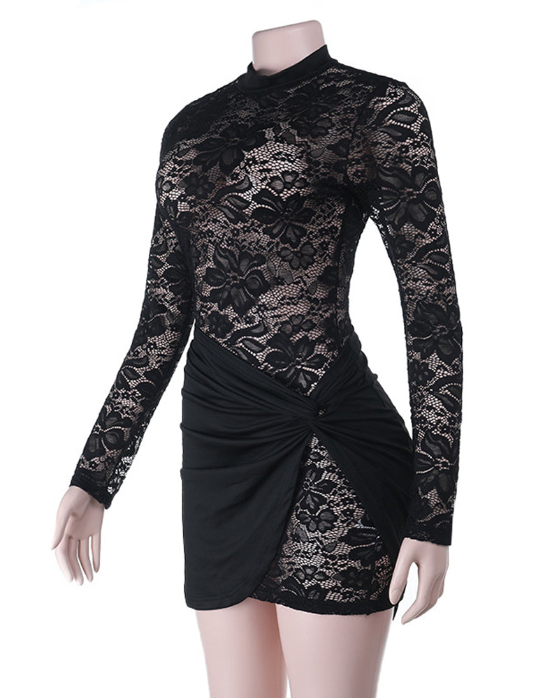 Sexy Lace See-through Round Neck Long-sleeved Bodycon Mini Dress