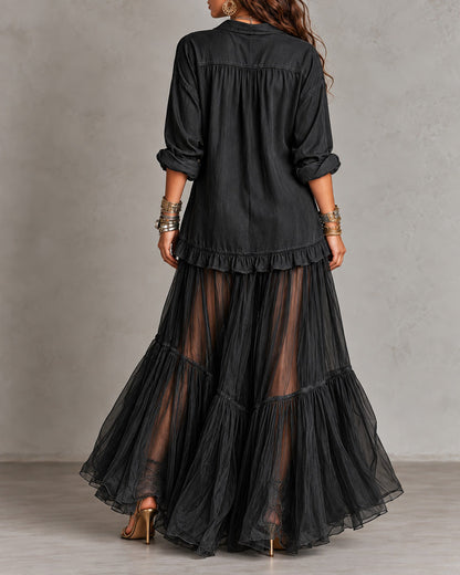 Retro Casual Lapel Faux Denim Chiffon Patchwork Long Dress