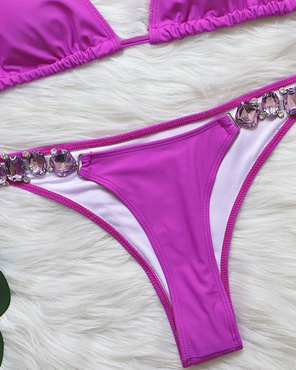 Sexy Solid Color Diamond Chain Embellished Beach Vacation Bikini